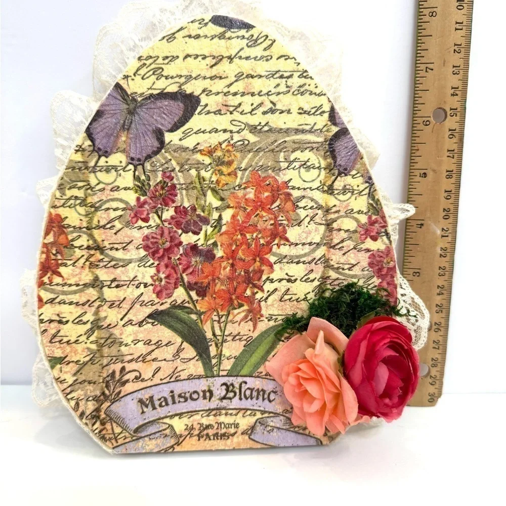 NEW Floral Decorative Easter Egg Plaque with Butterflies and Roses Lace Trim
